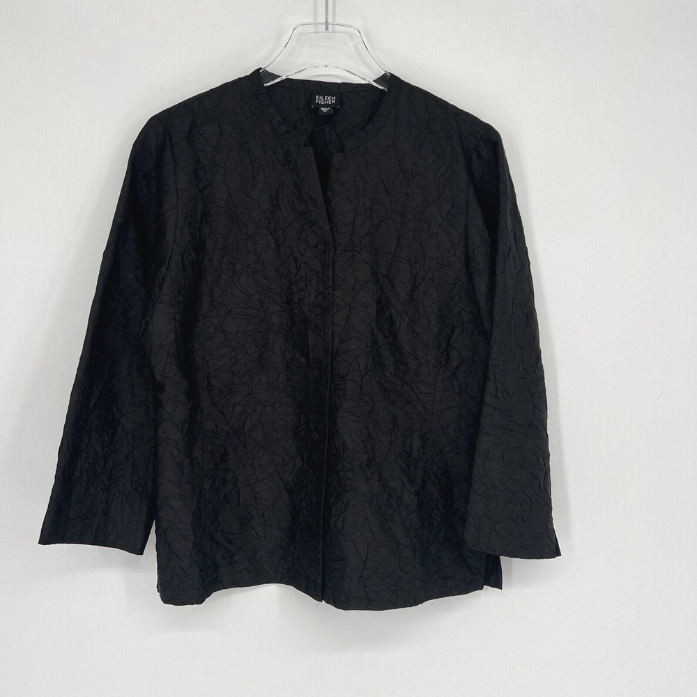 Eileen Fisher Jacket Womens M Silk Black Classic Staple Basic Crinkled Coat